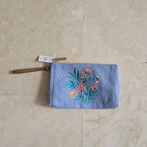 Talbots Pink Flamingo Embroidered Denim Wristlet